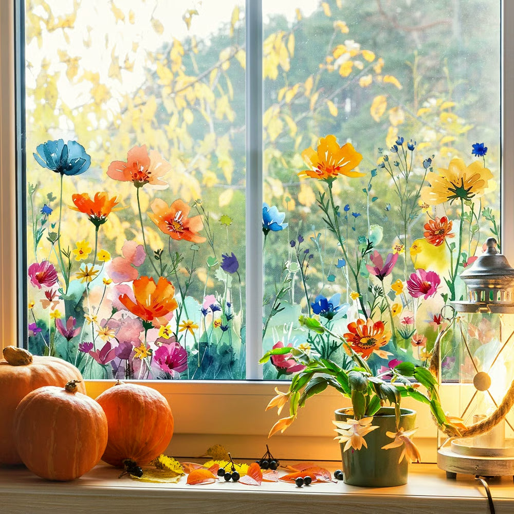 Window Full of Life: Colorful Flower Bouquet Window Sticker | No Glue