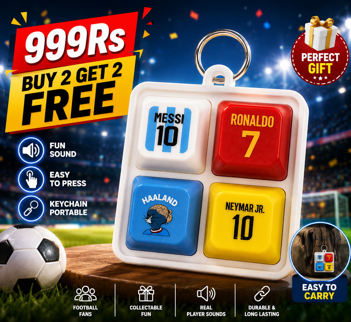 Football Legends Sound Button Keychain – Messi, Ronaldo, Haaland & Neymar