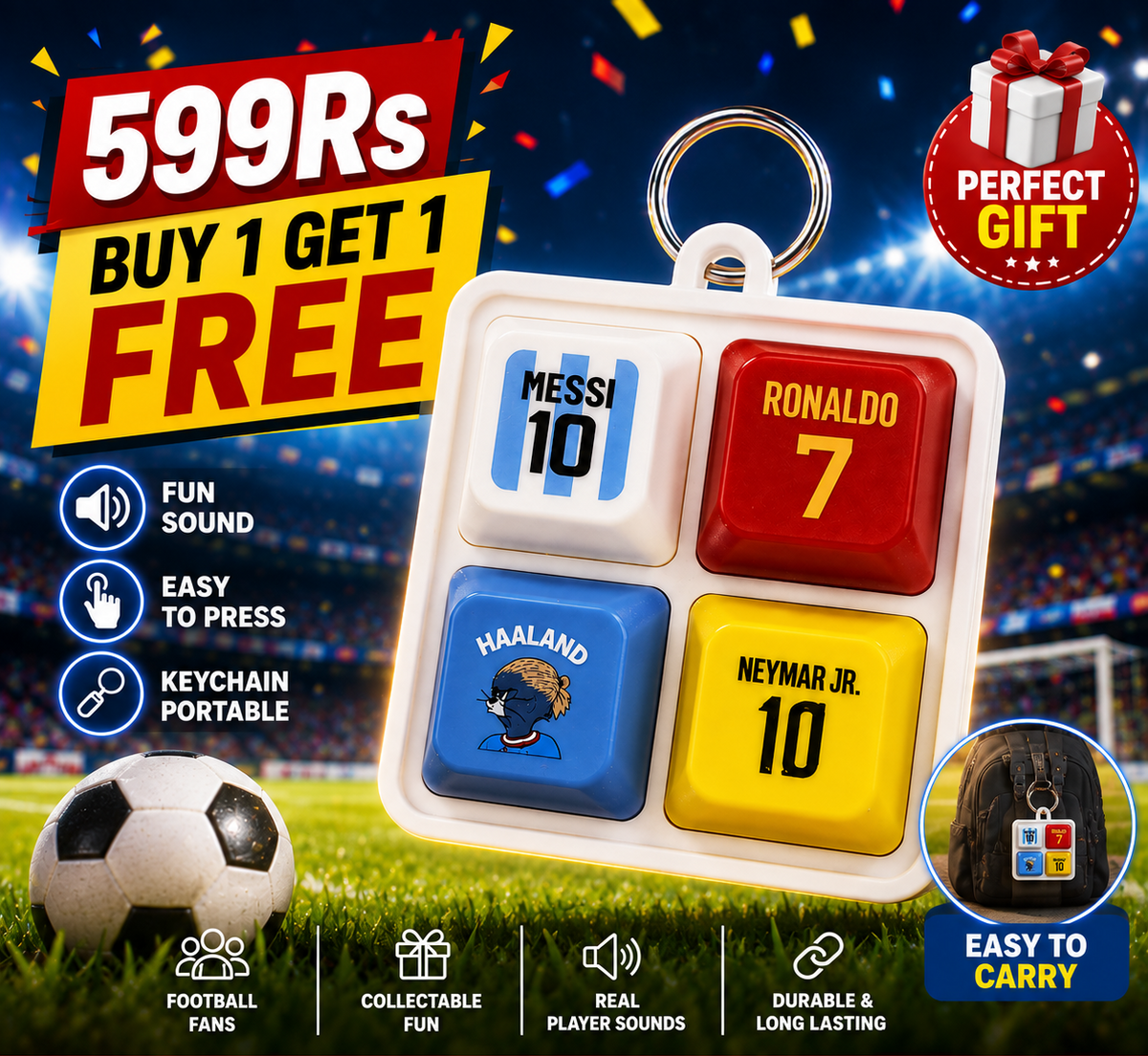 Football Legends Sound Button Keychain – Messi, Ronaldo, Haaland & Neymar