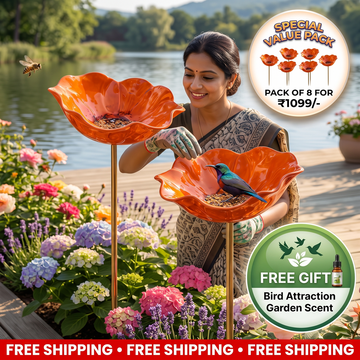 Handmade Metal Bird Feeder Flower - Decorative Garden Planter
