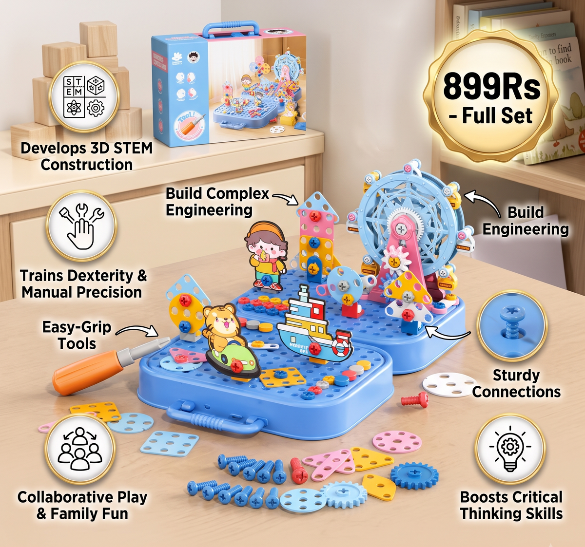 DIY Engineer's Toolbox for Kids with Construction Board, Ferris Wheel, and Electric Drill