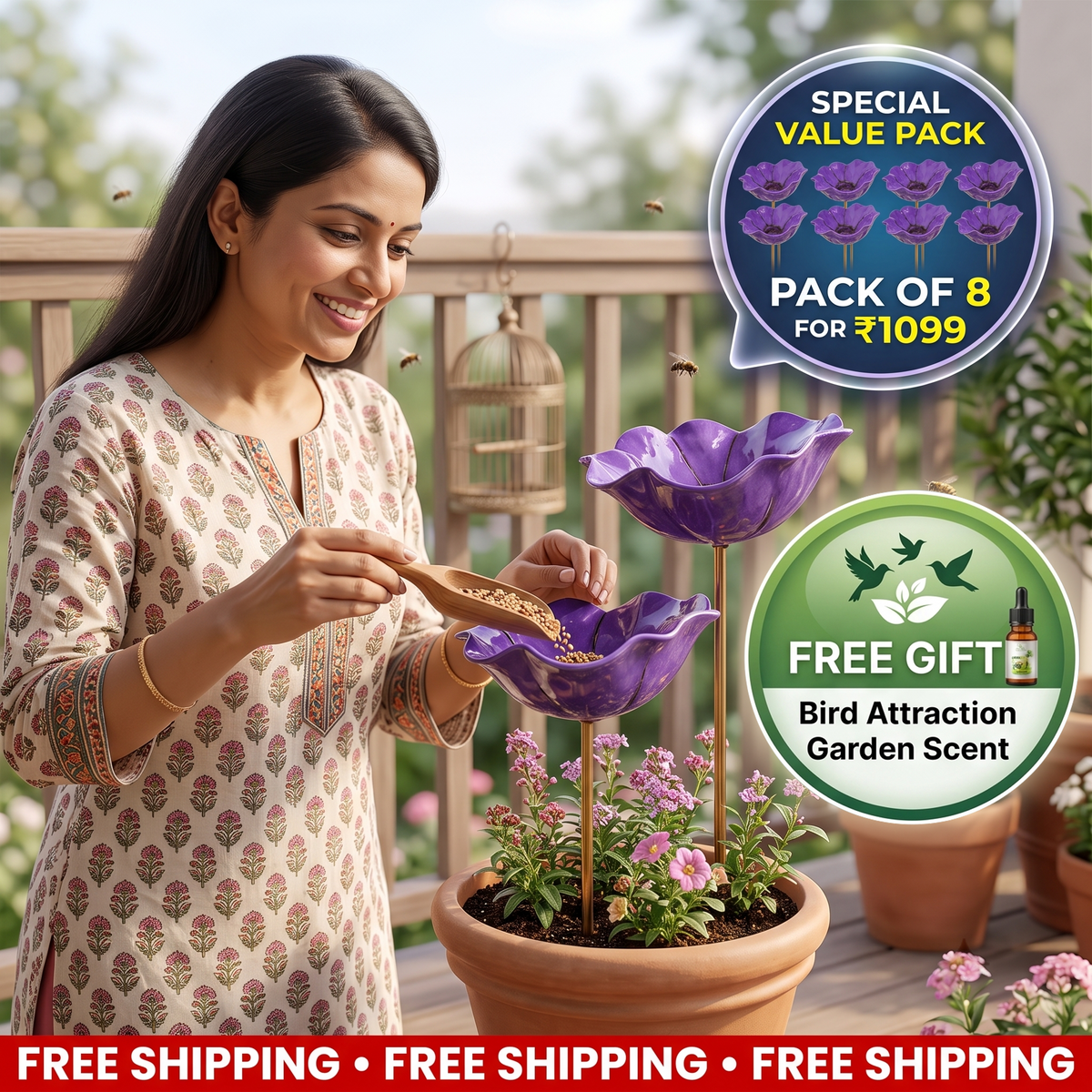 Handmade Metal Bird Feeder Flower - Decorative Garden Planter