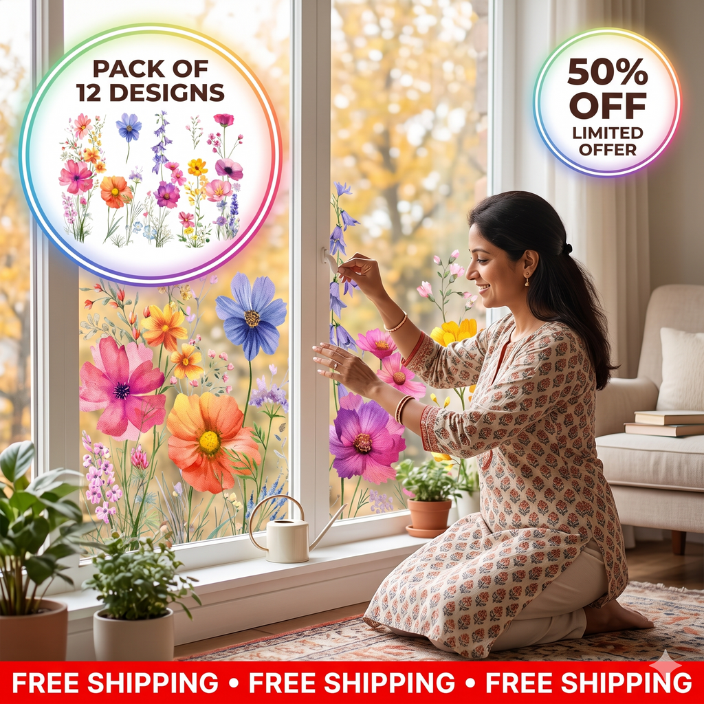 Window Full of Life: Colorful Flower Bouquet Window Sticker | No Glue