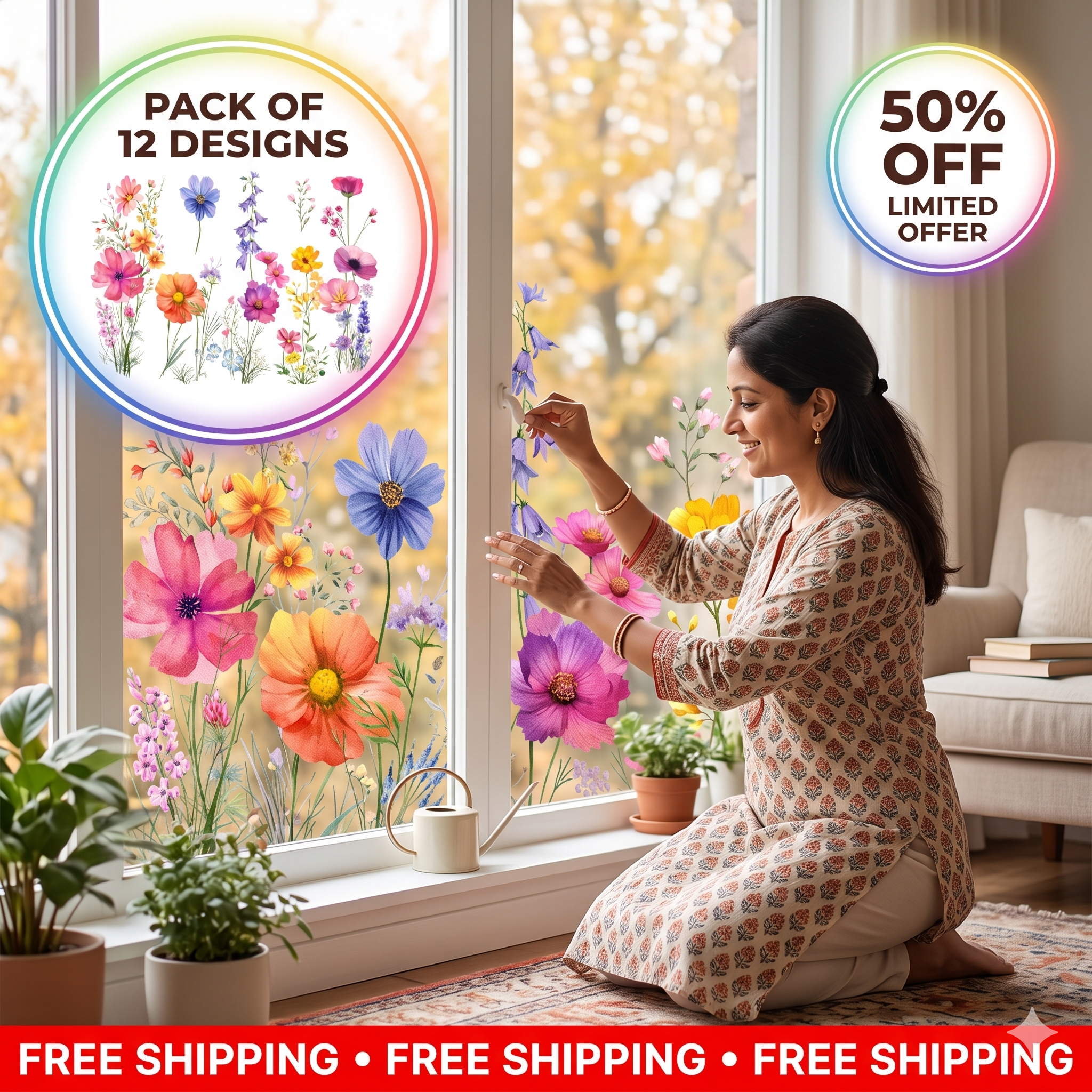 Window Full of Life: Colorful Flower Bouquet Window Sticker | No Glue