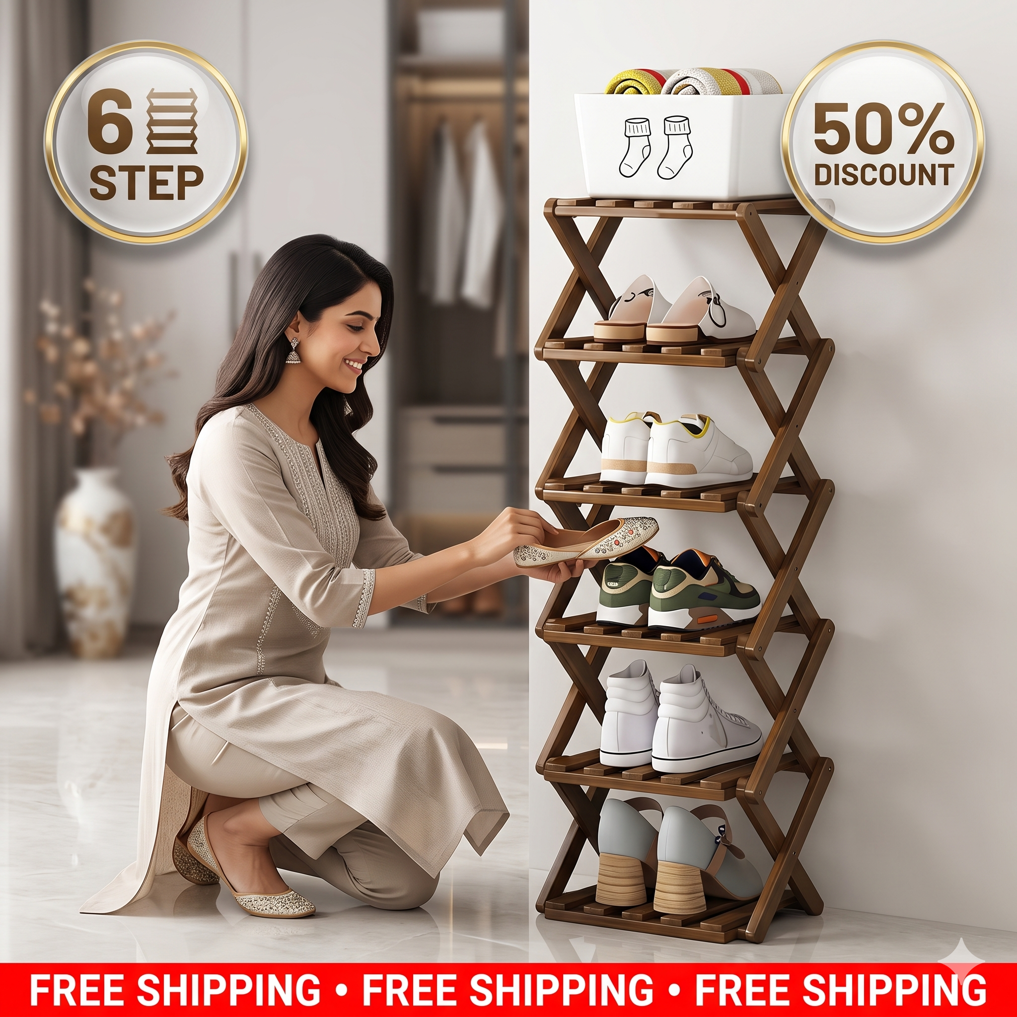 Foldable Shoe Rack | Bamboo Wood