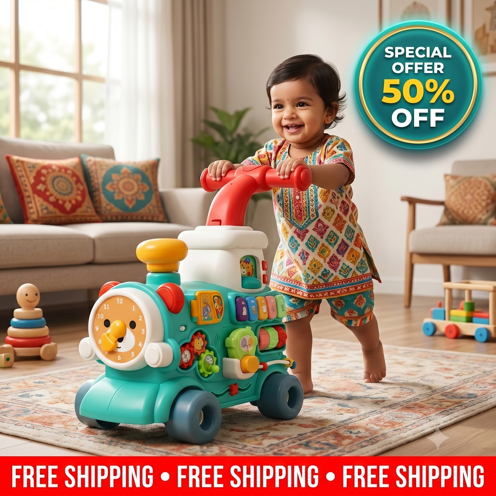 5-in-1 Multi-Functional Baby Walker Train Steam Train Toy