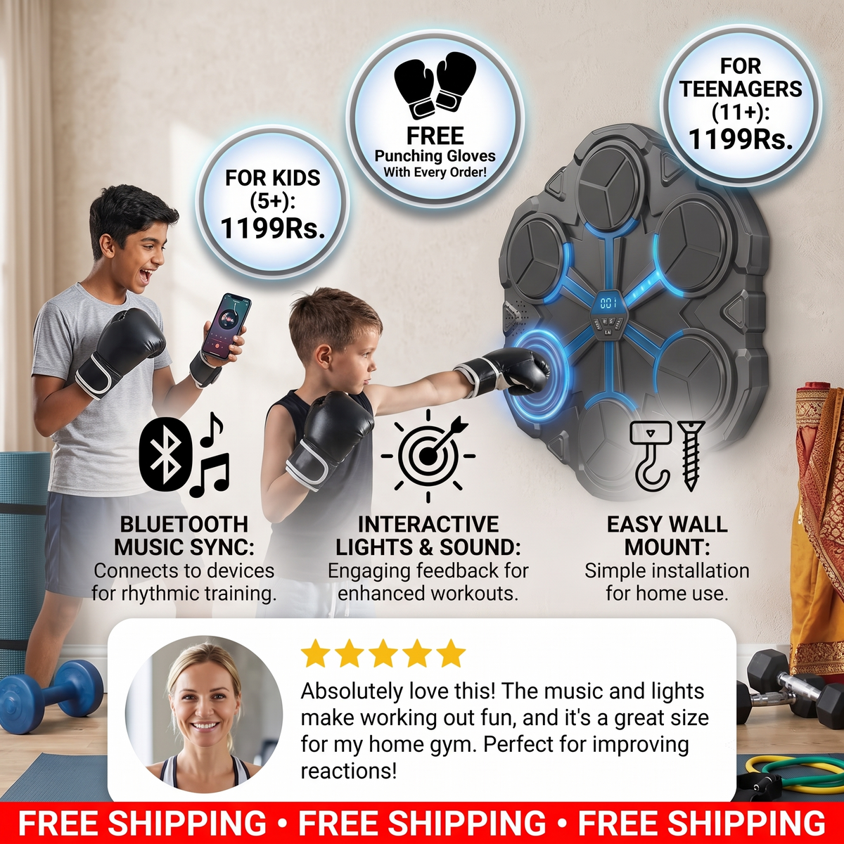 Bluetooth Music Boxing Trainer – Interactive Wall Punching Target with Lights & Sound | FREE Punching Gloves