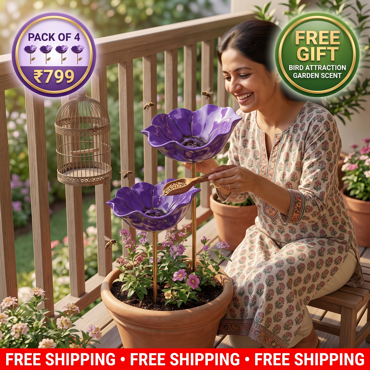Handmade Metal Bird Feeder Flower - Decorative Garden Planter