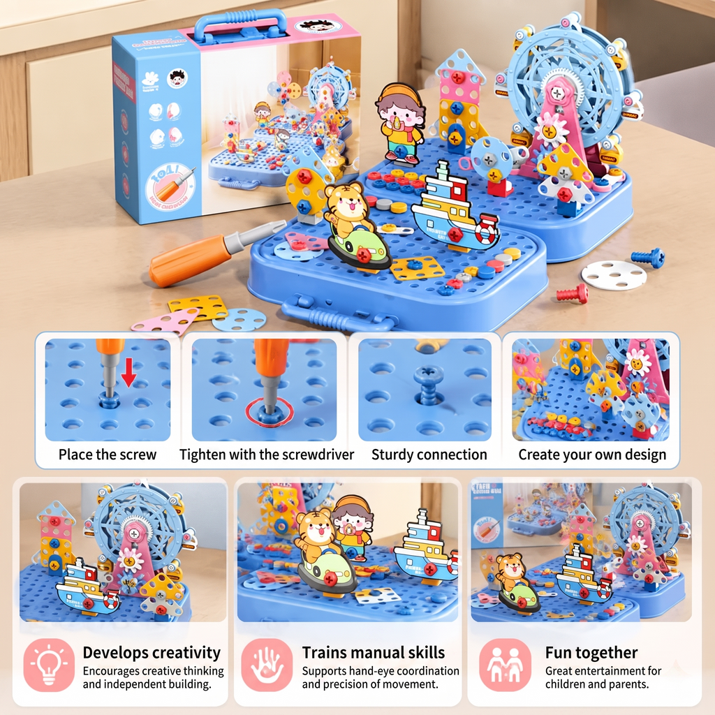 DIY Engineer's Toolbox for Kids with Construction Board, Ferris Wheel, and Electric Drill