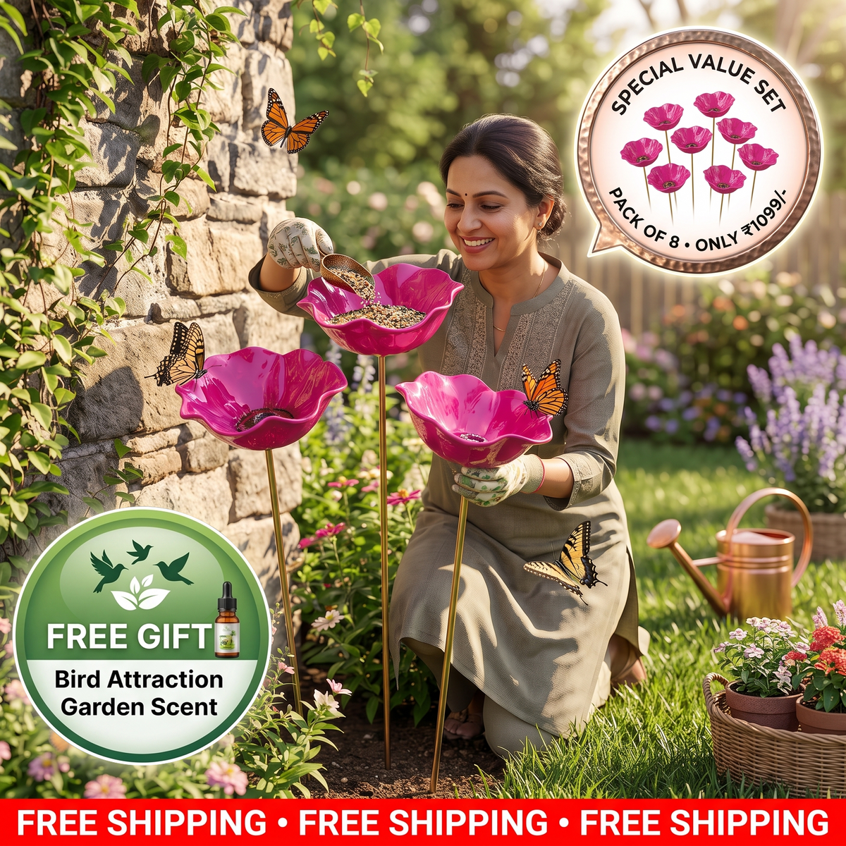 Handmade Metal Bird Feeder Flower - Decorative Garden Planter