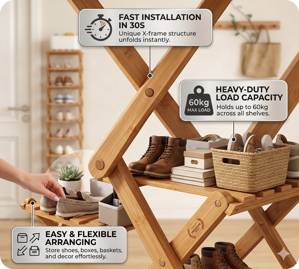 Foldable Shoe Rack | Bamboo Wood