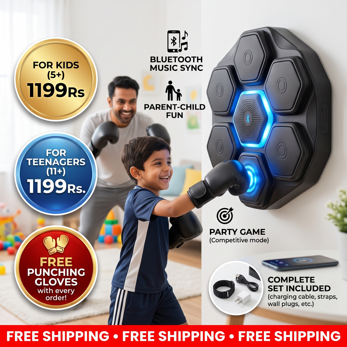 Bluetooth Music Boxing Trainer – Interactive Wall Punching Target with Lights & Sound | FREE Punching Gloves