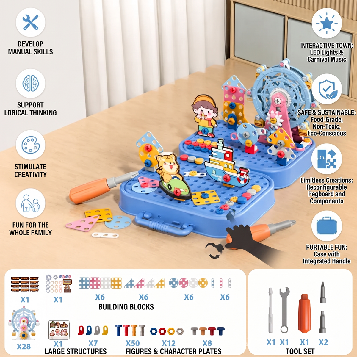 DIY Engineer's Toolbox for Kids with Construction Board, Ferris Wheel, and Electric Drill