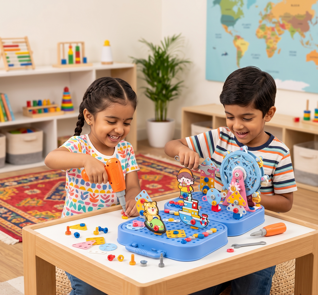 DIY Engineer's Toolbox for Kids with Construction Board, Ferris Wheel, and Electric Drill