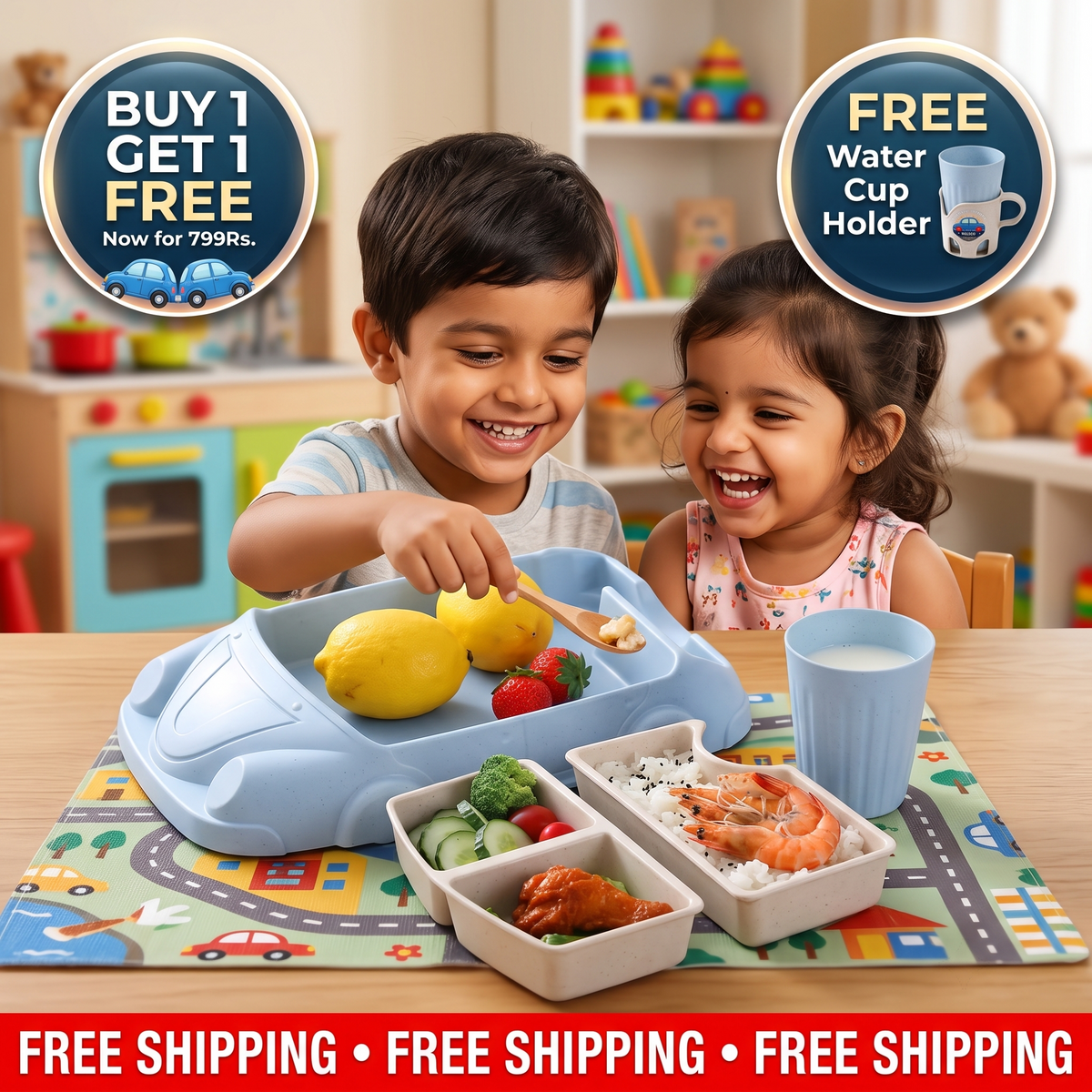 Kids Dinnerware Set in Car Design | Buy 1 Get 1 FREE | 100% Kid Safe Material