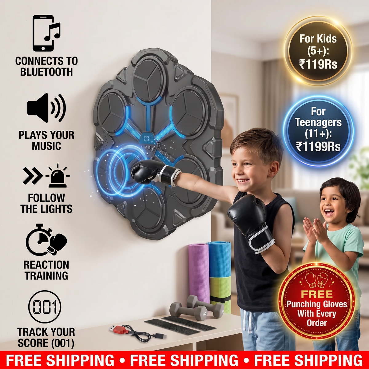 Bluetooth Music Boxing Trainer – Interactive Wall Punching Target with Lights & Sound | FREE Punching Gloves