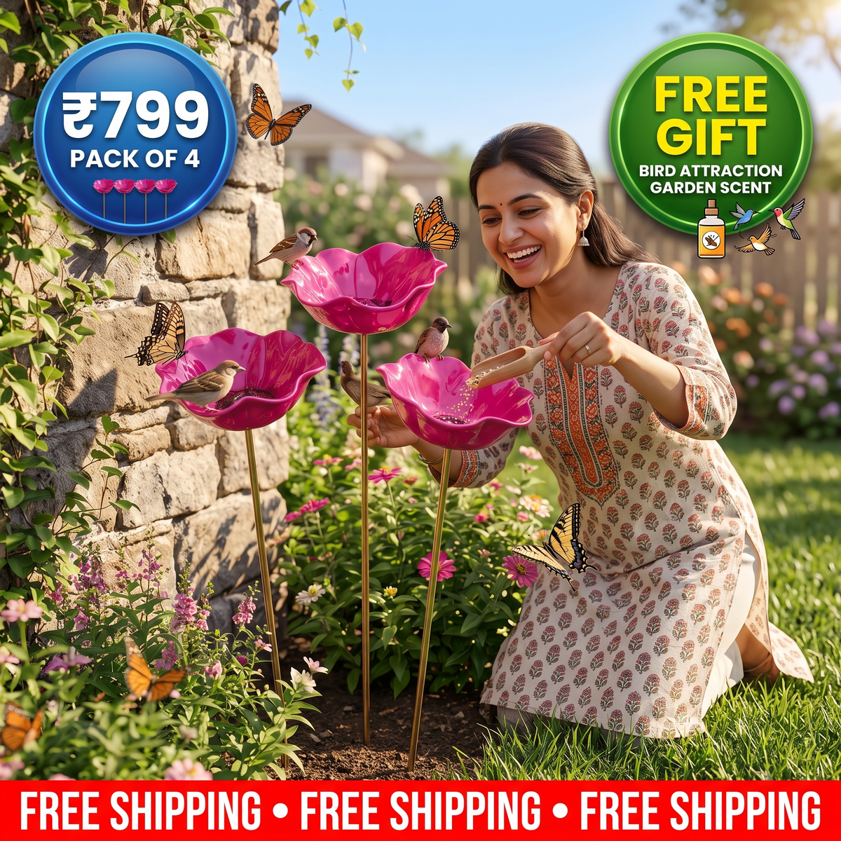 Handmade Metal Bird Feeder Flower - Decorative Garden Planter