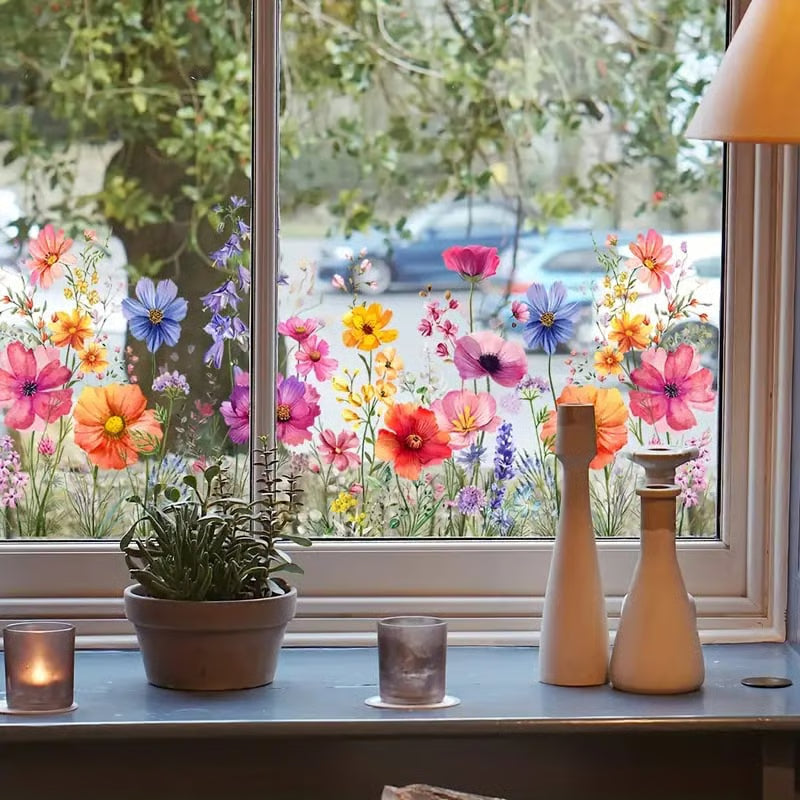 Window Full of Life: Colorful Flower Bouquet Window Sticker | No Glue