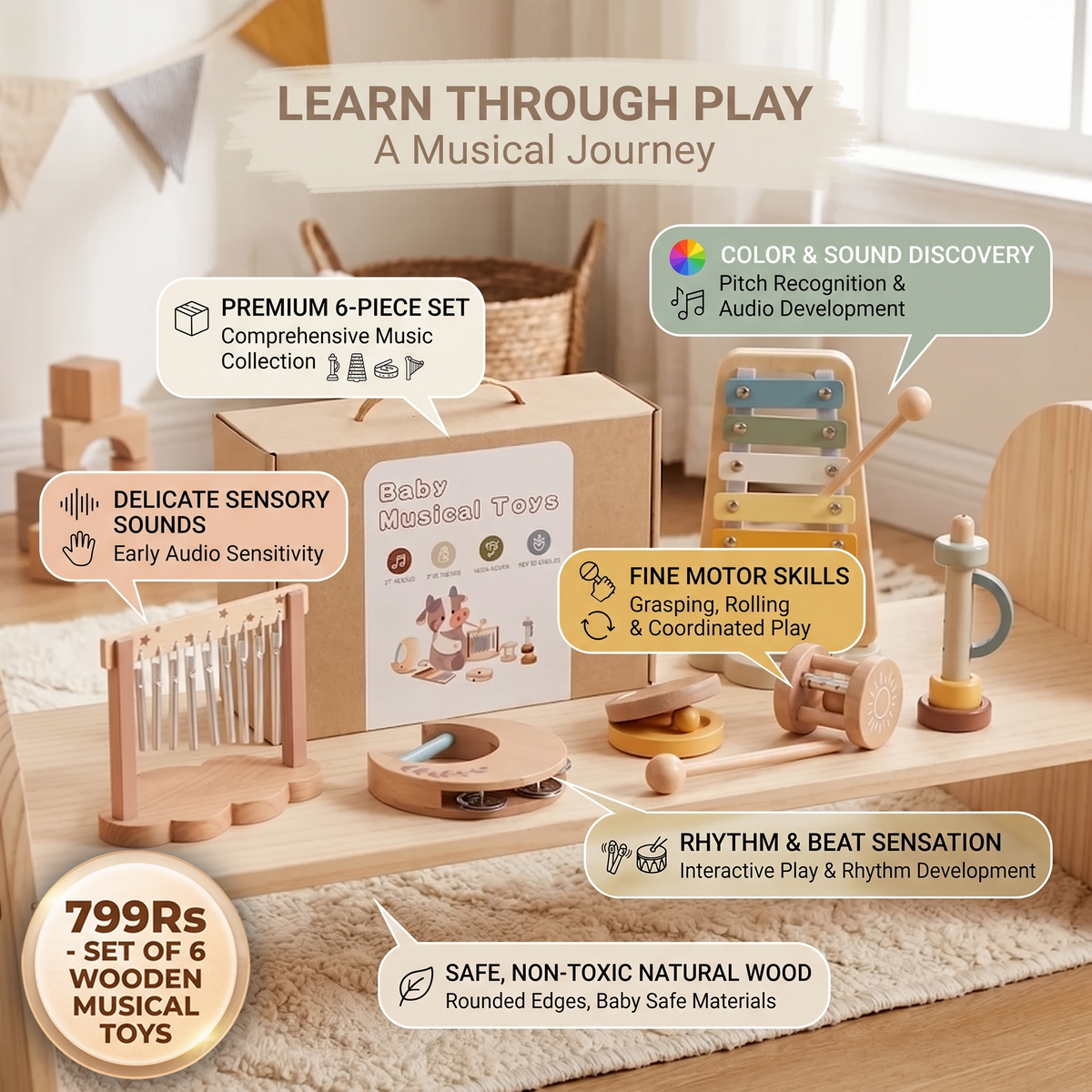 Baby Wooden Sound Toy Set – 6-piece Sensory Music & Sound Toy